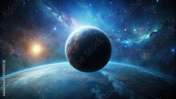 Fototapeta A cosmic dance of celestial bodies, with a bright star illuminating the distant horizon, while a lone planet floats above a vast, blue-tinged world.