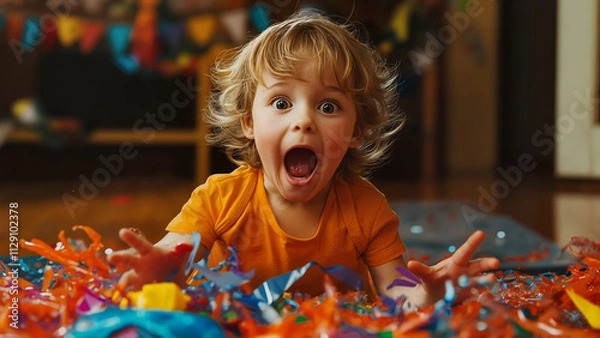 Fototapeta Excited child playing with colorful confetti during party
