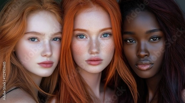 Fototapeta Three women with stunning hair colors and unique features connect through shared beauty, highlighting diversity and confidence
