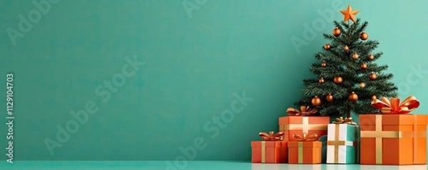 Fototapeta christmas festivity tree Christmas tree with colorful presents on a teal background.