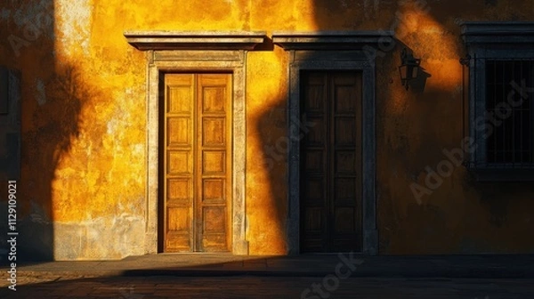 Fototapeta Warm Hues and Contrasting Shadows: The Captivating Charm of an Old Doorway