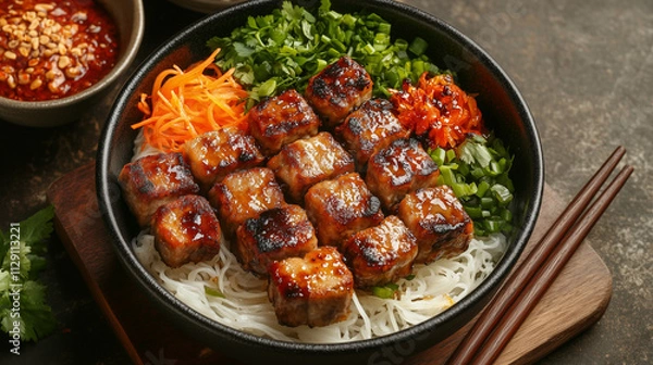 Obraz Flavorful bun cha with grilled pork, rice noodles, and vibrant vegetables in a stylish bowl