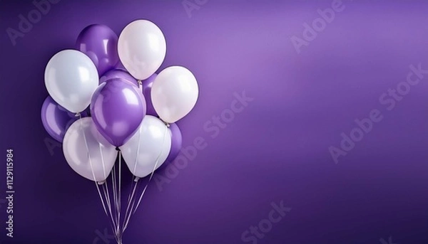 Fototapeta minimal greeting design with bunch of white and purple balloons on violet background with copy space