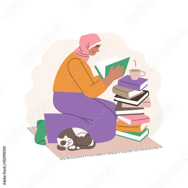 Obraz Girl character sitting near a stack of books. Education and personal growth concept. Young asian muslim woman wearing a pink hijab reading a book with interest. World Book day. Vector illustration iso