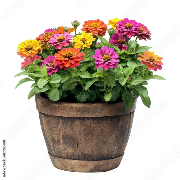 Fototapeta vibrant flower pot filled with colorful zinnia flowers, showcasing shades of pink, orange, and yellow, perfect for brightening up any space