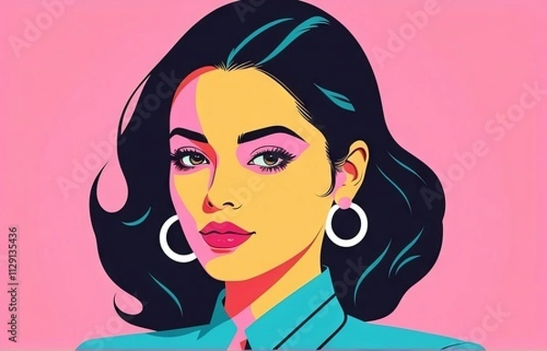 Fototapeta Vibrant female portrait with colorful styling showcasing modern art influences in a pink background