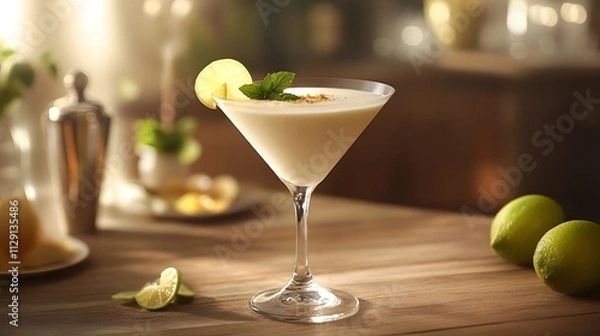 Fototapeta A photo of an almond milk lemon cocktail in a martini glass, garnished with a lemon slice, on a bar counter