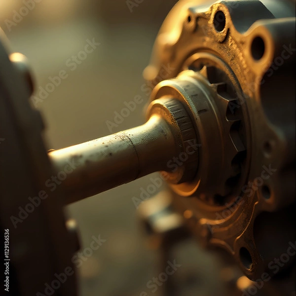 Fototapeta A close-up photo of a metal part, possibly a gear or a wheel, with a blurred background that suggests a mechanical or industrial setting.