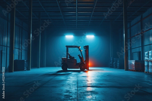 Fototapeta A silhouette of a forklift in a dimly lit warehouse, emphasizing industrial settings.