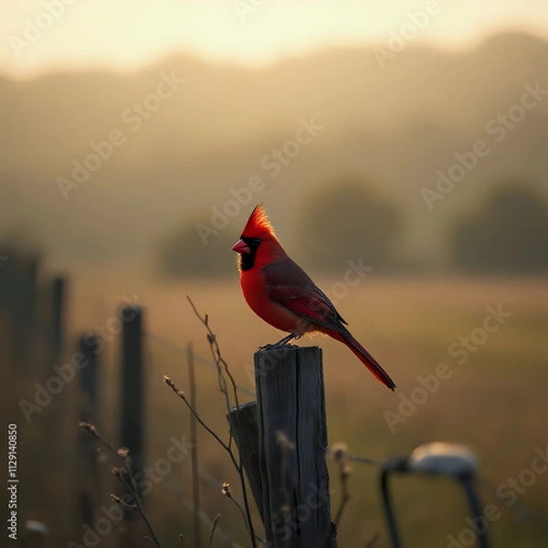 Obraz A vibrant red cardinal bird perches on a wooden fence post against a blurred background of a hazy sunrise or sunset.