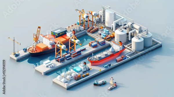 Obraz detailed isometric illustration of busy shipping port featuring cargo ships, cranes, and storage tanks. vibrant colors and intricate design capture bustling activity of maritime logistics