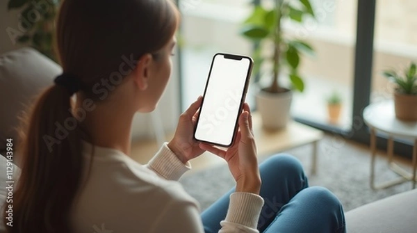 Obraz Woman Relaxing on Sofa Using Smartphone with Blank Screen, Cozy Home Interior