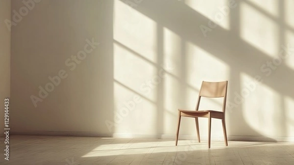 Fototapeta single chair in an empty, quiet room. Natural light filters softly through a window, casting subtle shadows on the floor.