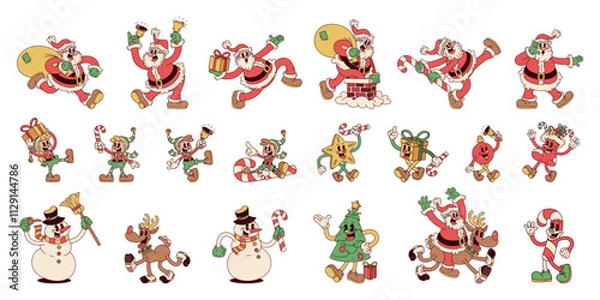 Fototapeta Vector Merry Christmas Retro Cartoon Characters Style Groovy Set Illustration Isolated