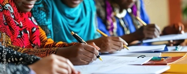 Fototapeta A vibrant group of individuals engaged in writing and collaborating, showcasing cultural diversity and creativity in their expressions.