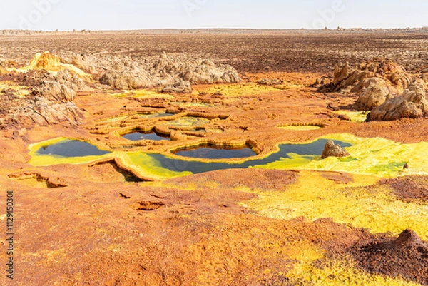 Fototapeta Panorama of surreal colors and Mars like landscape created by Sulphur springs in the hottest place on earth, the Danakil Depression in the Afar Region