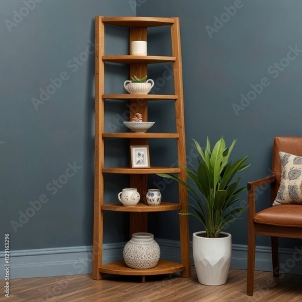 Fototapeta Corner shelving unit with five shelves, displaying home decor items.