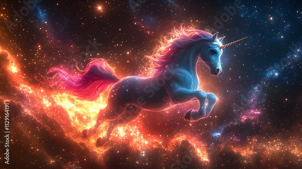 Fototapeta A vibrant and magical cartoon-style illustration of a unicorn flying through a galaxy, with sparkling stars and nebulae, and a trail of glittering dust following its every move.