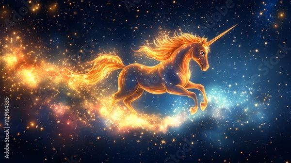 Fototapeta A vibrant and magical cartoon-style illustration of a unicorn flying through a galaxy, with sparkling stars and nebulae, and a trail of glittering dust following its every move.