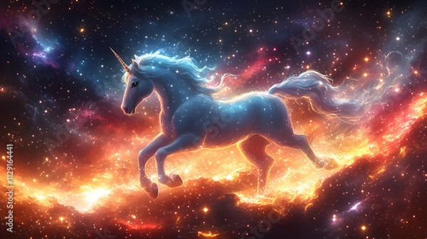 Fototapeta A vibrant and magical cartoon-style illustration of a unicorn flying through a galaxy, with sparkling stars and nebulae, and a trail of glittering dust following its every move.