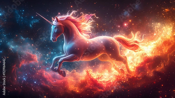 Fototapeta A vibrant and magical cartoon-style illustration of a unicorn flying through a galaxy, with sparkling stars and nebulae, and a trail of glittering dust following its every move.