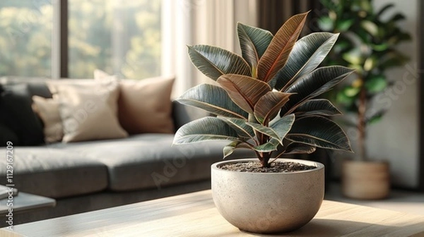 Fototapeta A Scandinavian-inspired living room scene with a rubber plant in a minimalist concrete planter, a light wood coffee table, and neutral-toned furniture, all set against a plain white backdrop 