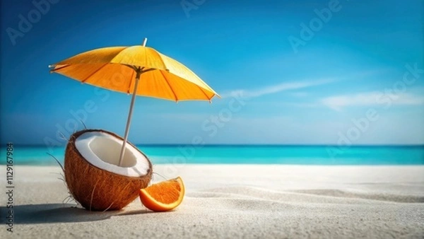 Fototapeta Tropical Summer Escape A Half Coconut Shell with a Yellow Beach Umbrella and an Orange Slice on White Sand