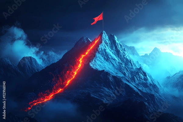 Fototapeta A Glowing Mountain top light path Road going to achievement flag, Business goals achieve concept with dark background