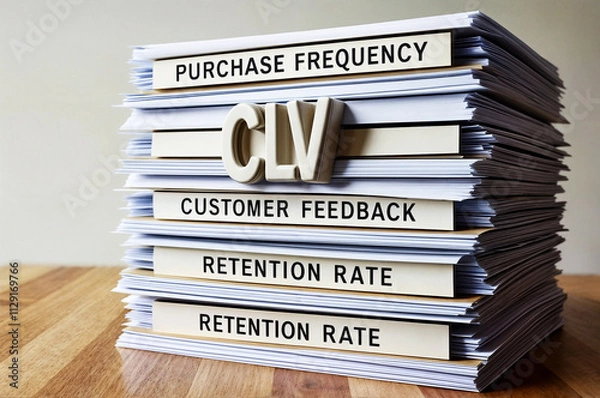 Obraz 3d render illustration of word text CLV abbreviation acronym Customer Lifetime Value, stacked on top of a paper, sheet, file etc