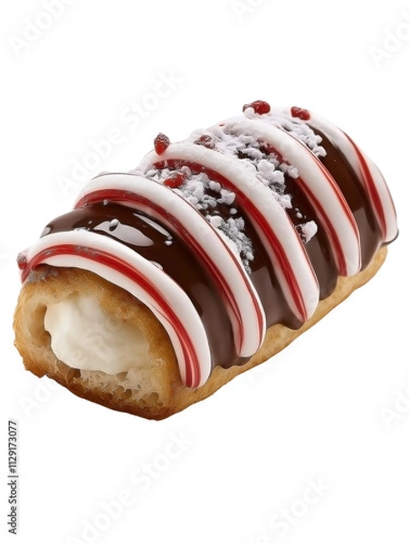 Fototapeta eclair coated with glossy red and white candy cane-striped icing. The interior shows a hint of vanilla cream filling. 