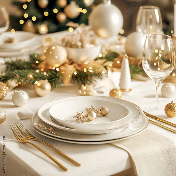 Obraz Elegant festive table setting with clean plates, polished cutlery, and charming Christmas decorations for a holiday celebration