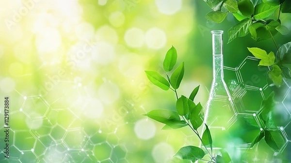 Obraz A scientific illustration featuring a lab flask surrounded by green leaves, symbolizing nature and eco-friendly research.