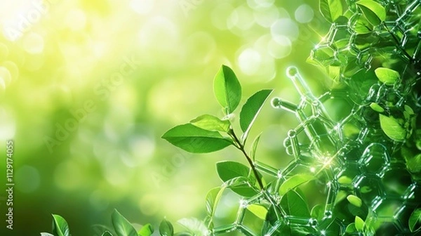 Obraz A vibrant image showcasing green leaves intertwined with molecular structures, symbolizing the connection between nature and science.