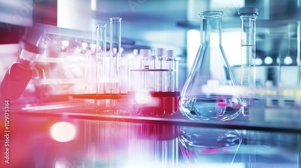 Obraz A vibrant laboratory scene featuring glassware, including test tubes and a flask, illuminated with colorful lighting, showcasing a scientific environment.