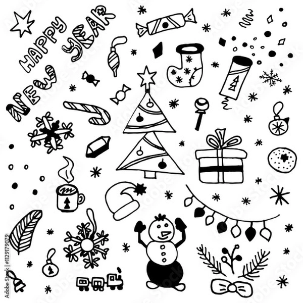 Fototapeta Set of isolated on white background elements on winter and New Year themes in doodle style