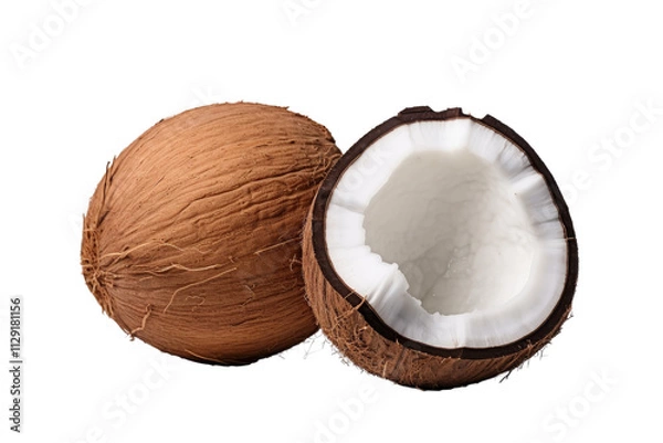 Fototapeta A whole coconut and a halved coconut displaying fresh white flesh, ideal for tropical, culinary, or natural-themed designs on a transparent background.
