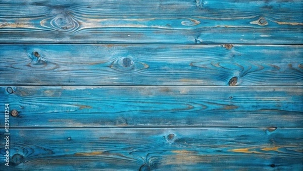 Fototapeta A weathered wooden surface with horizontal planks painted in a vibrant blue hue, showcasing the natural beauty of wood grain and subtle variations in color