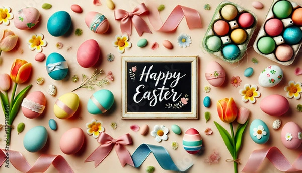 Obraz Cheerful Easter Flat Lay with Eggs and Ribbons