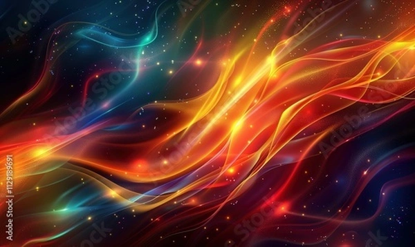 Fototapeta Multicolor light waves with stars against dark background. Abstract energy concept