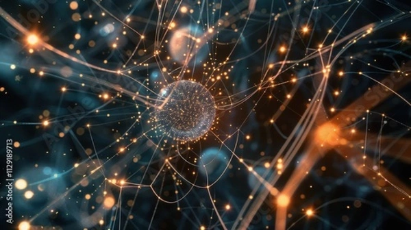 Fototapeta Complex networks of digital connections flowing seamlessly into a central glowing sphere, illustrating the vastness of big data and the intricacies of global communication systems