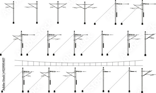 Obraz Train OHE Pole Network Set,  black and white rail poles illustration, different railway OHE electric poles vector on white background