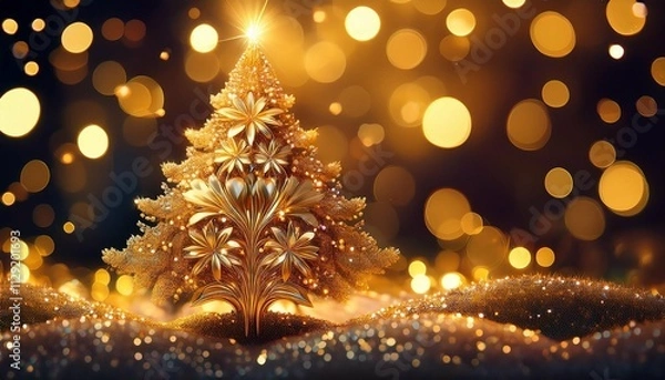 Fototapeta abstract winter night a background of a golden christmas tree blooms with abstract flower shapes adorned with shimmering lights celebrating the magic of the holiday season the bokeh creates