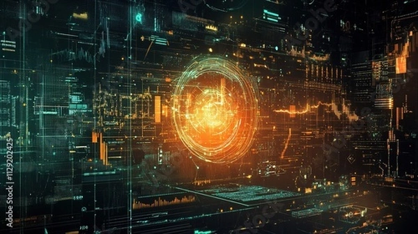 Fototapeta A futuristic digital landscape featuring vibrant orange and green elements, resembling a high-tech interface or data visualization.