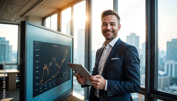 Fototapeta businessman working on laptop in office with digital growth graph chart showing