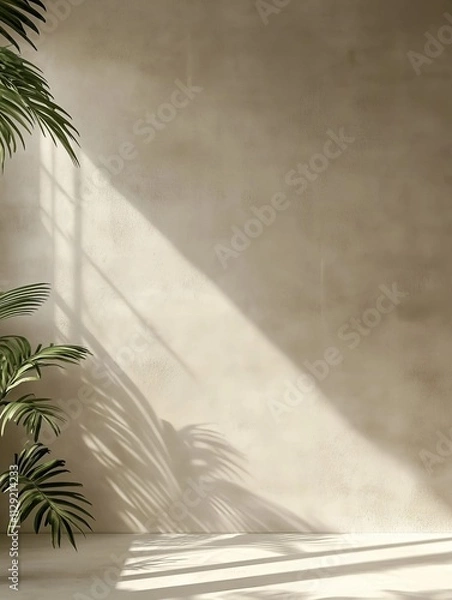 Fototapeta A minimalist concrete wall with soft plant shadows and subtle texture, perfect for modern and clean background needs