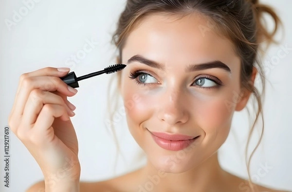 Fototapeta A smiling woman is applying mascara to her lashes with a mascara wand, accentuating them. She has clear blue eyes and glowing skin. Perfect for advertising a product catalog.
