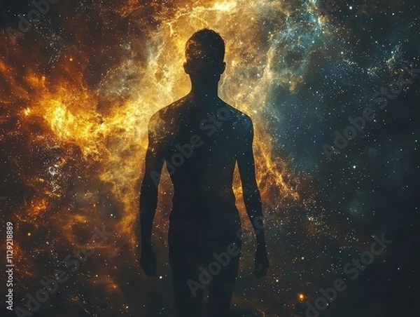 Fototapeta Silhouette of a man against cosmic background digital art high fidelity universe creative perspective mystery of existence