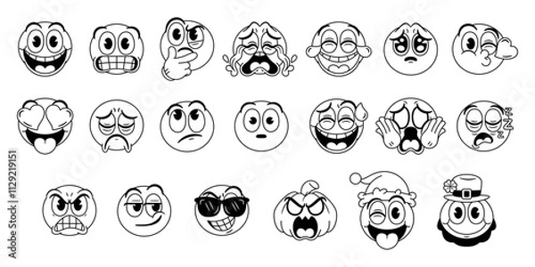 Fototapeta Vector Emoticons Or Emoji Cartoon Groovy Set Illustration Isolated