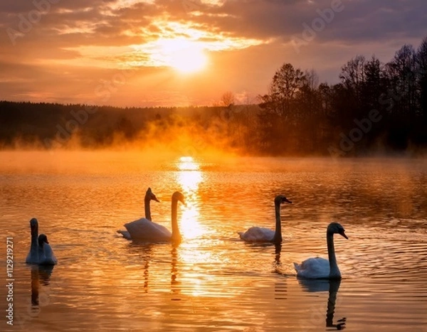 Fototapeta Tranquil Moments: Swans and Sunrise Harmony