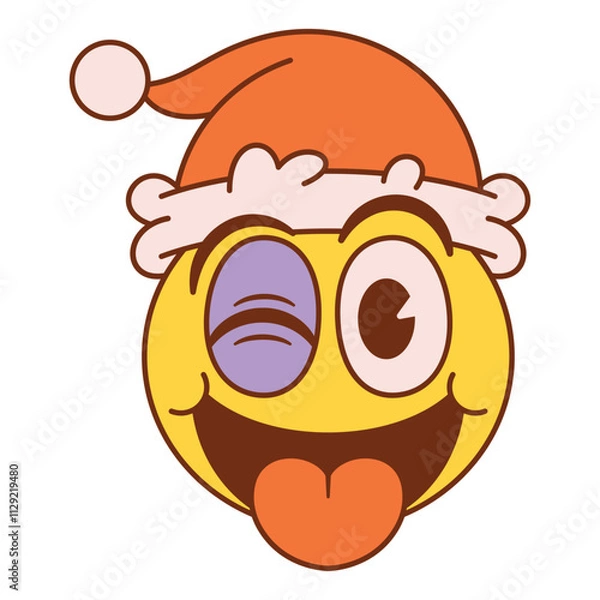 Obraz Vector Christmas Winking Face Tongue Emoji Crazy Cartoon Groovy Illustration Isolated